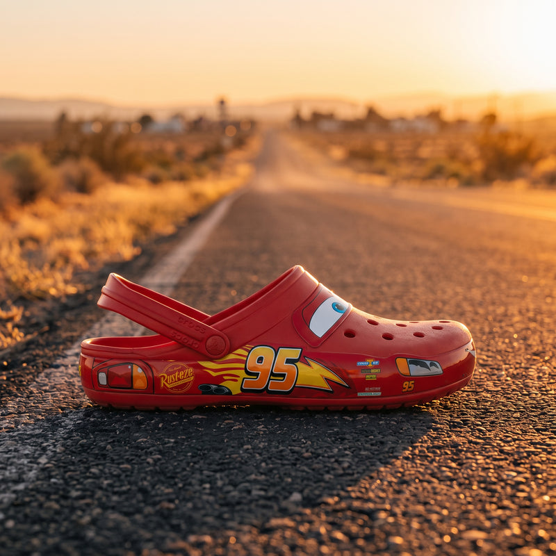 Sabot rouge LAS ROSAS Le Bolide avec motifs de course, posé sur une route au coucher du soleil