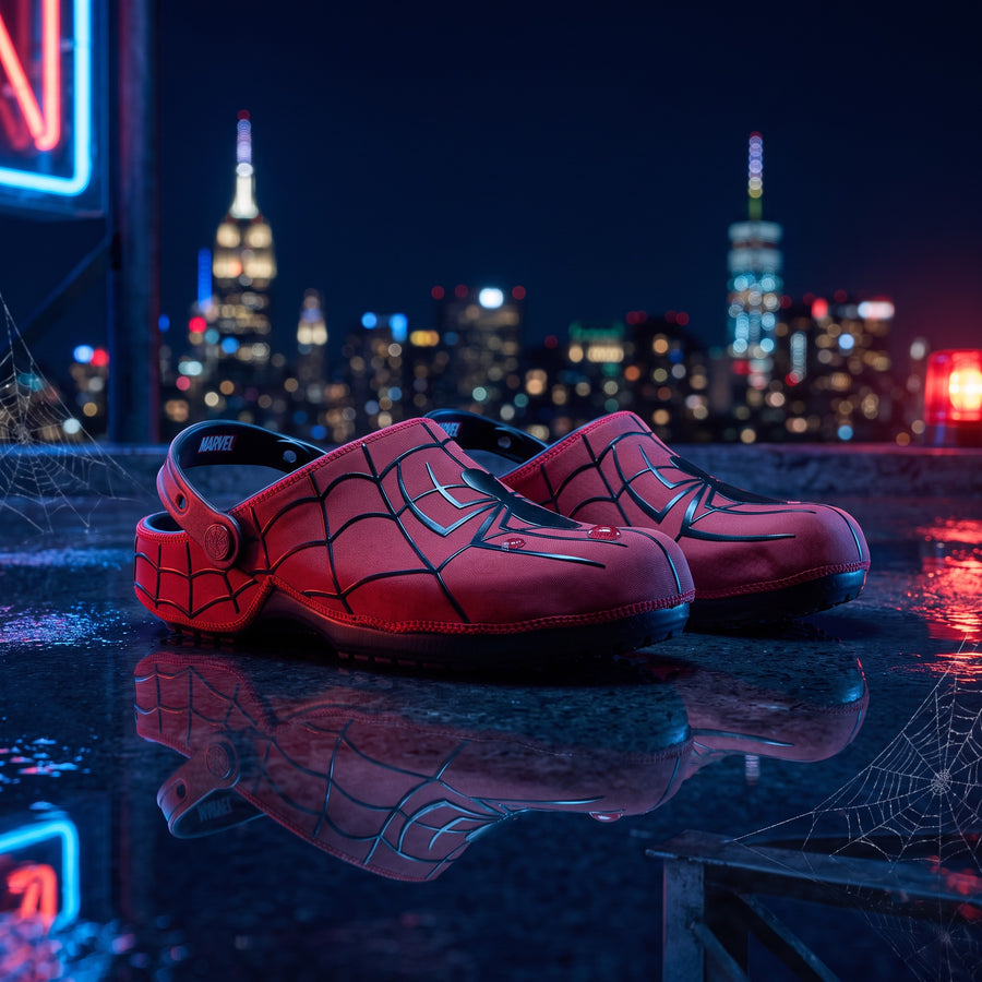 Sabots LAS ROSAS Spider Web rouges avec motif de toile d'araignée noire sur un toit urbain nocturne
